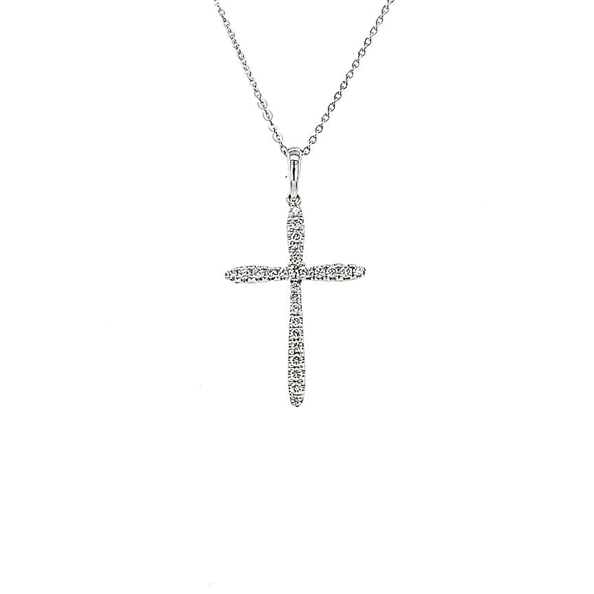 white background photo of thin gold cross with diamonds