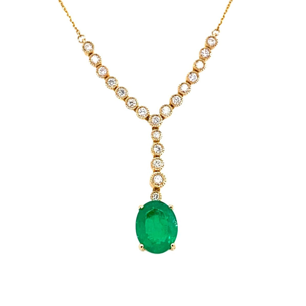 14K Bezel Drop Necklace With Oval Emerald Pendant