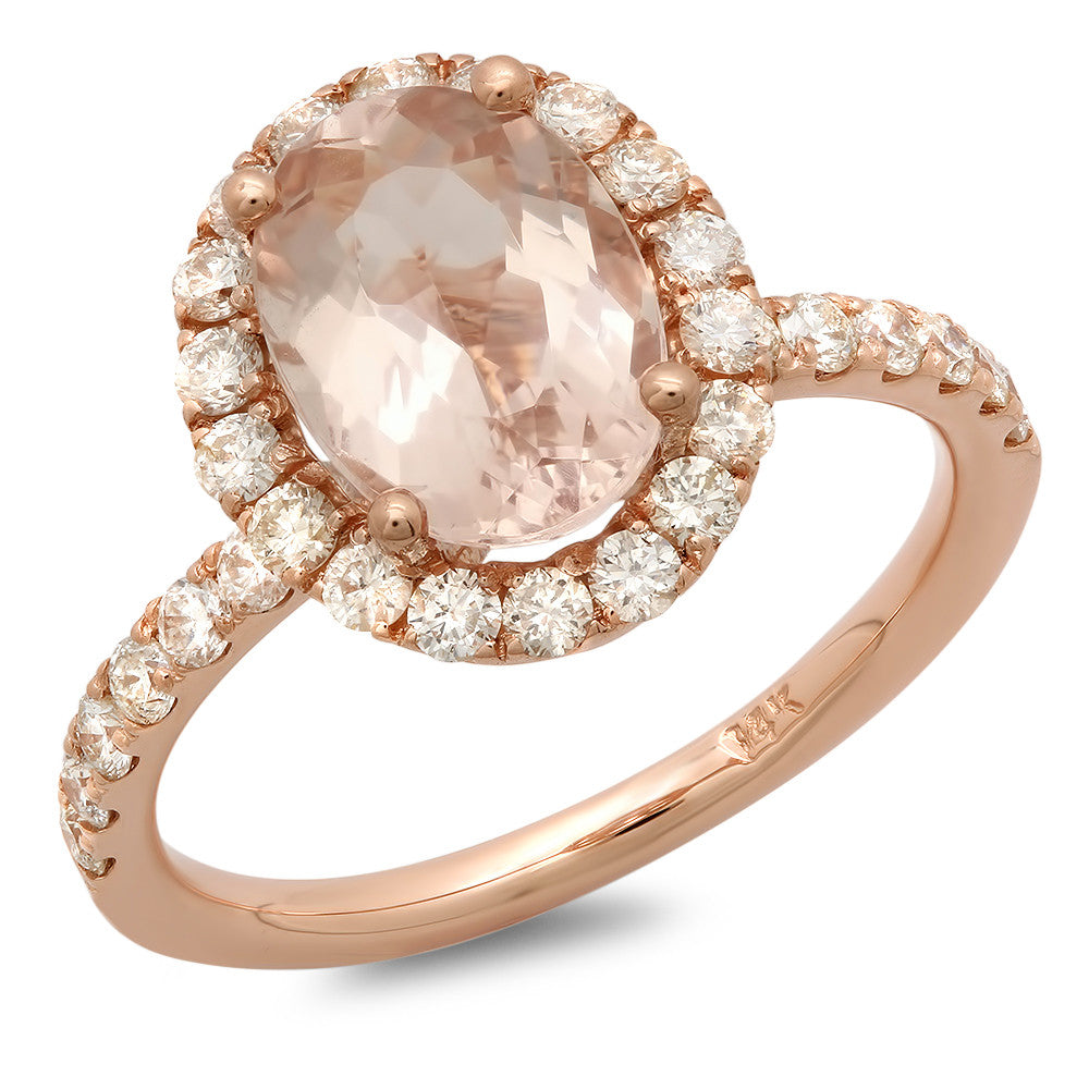 14K Gold Women's Oval Morganite Ring in a Halo Setting