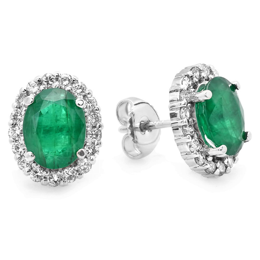 Oval Emerald Stud Earrings with 34 Round Diamonds 