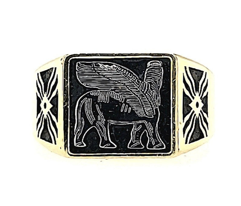 Front Mens Gold Lamassu Ring