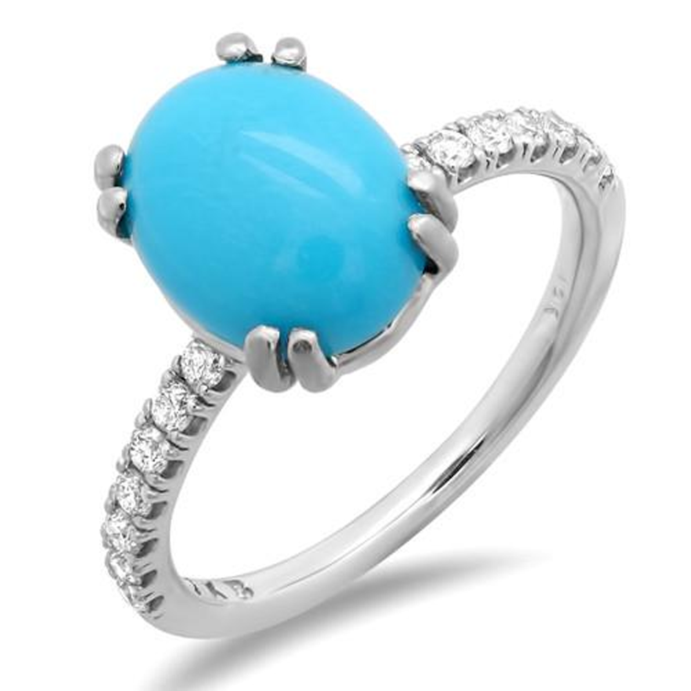 Women's Turquoise Color Stone Ring with 14 Round Diamonds